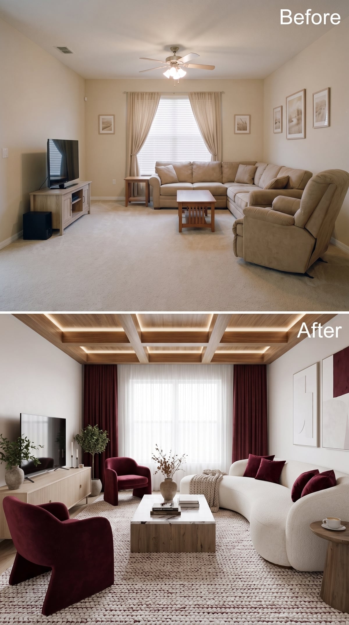 Coffered Wood Ceiling, Burgundy Velvet, and White Bouclé Walk Into a Room Together