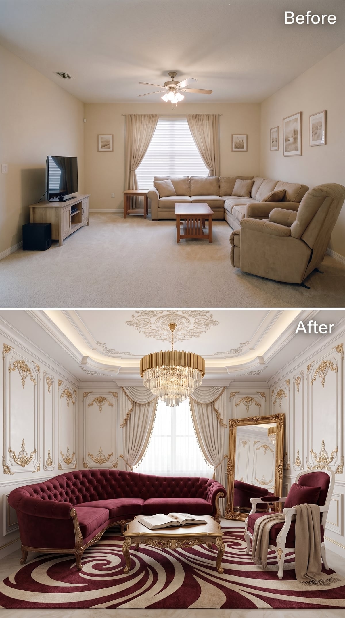 Gilded Plasterwork, Burgundy Velvet, and a Swirl Rug That Doesn't Apologize