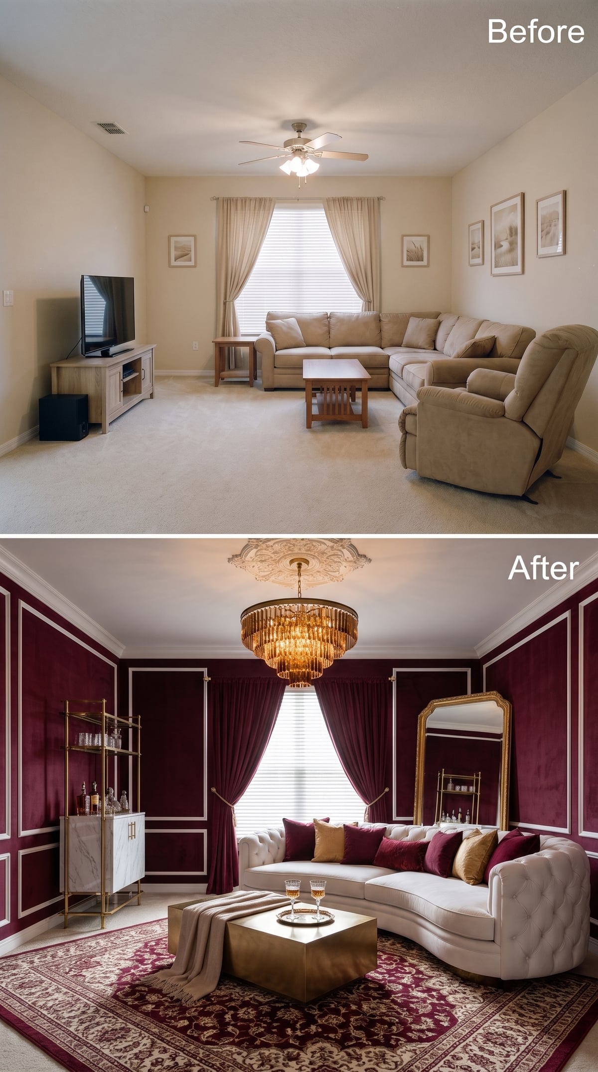 Ornate Ceiling Medallion, Crystal Brass Chandelier, and Burgundy Velvet That Earns Every Inch