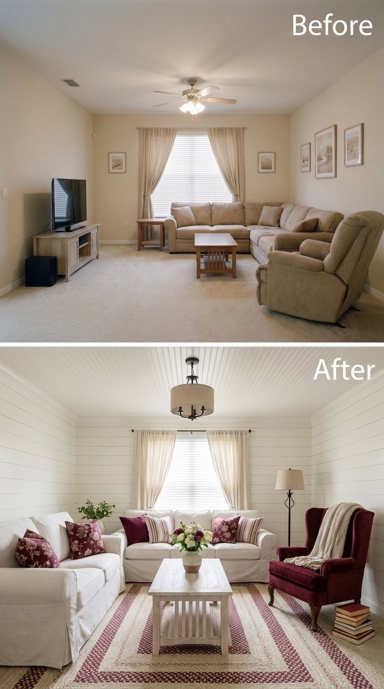Shiplap Walls, Braided Rug, and a Burgundy Wing Chair That Anchored Everything