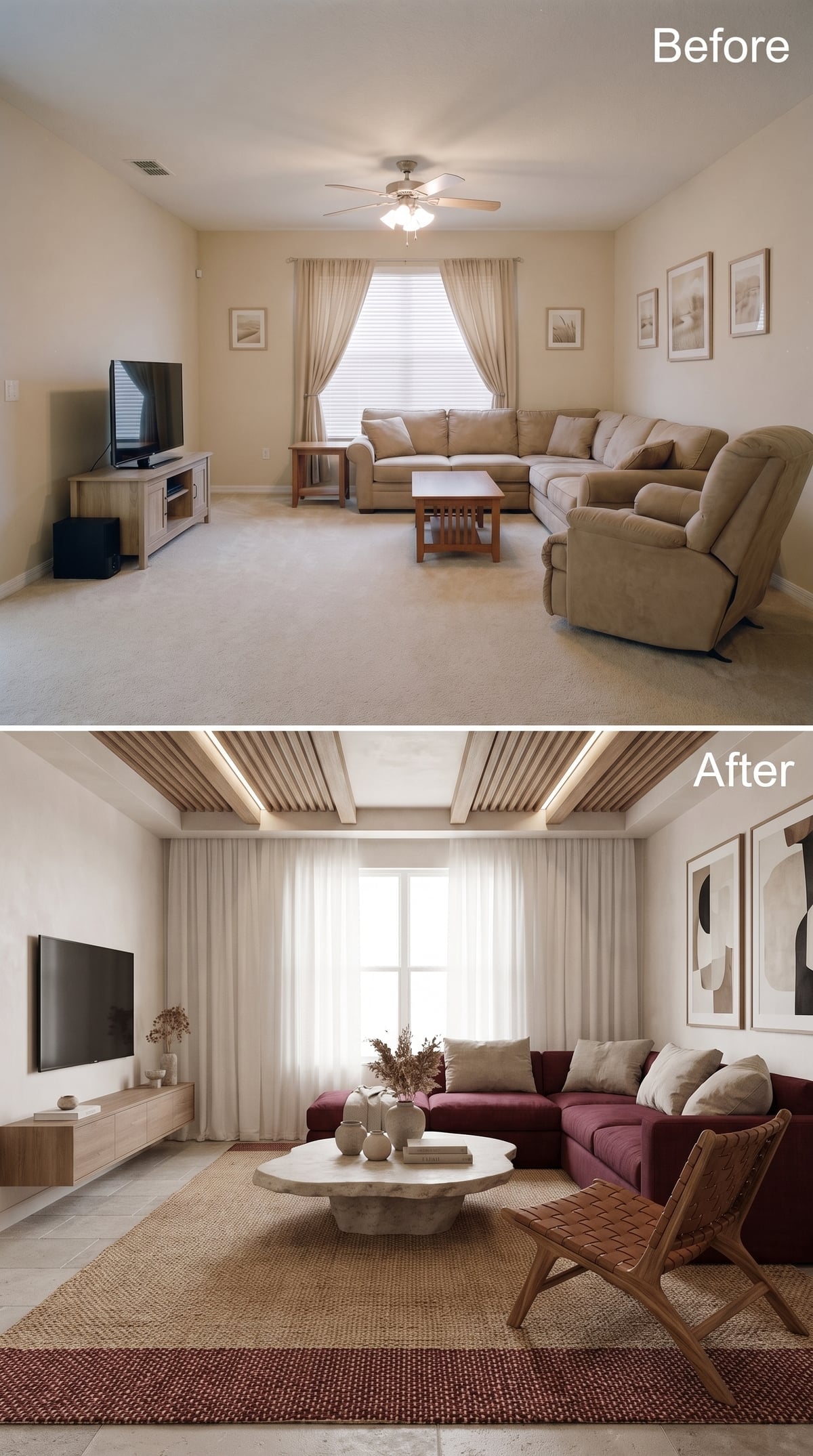 Slat Ceiling, Cove Glow, and Burgundy Velvet That Earned Every Inch of the Room