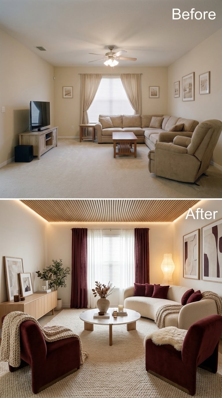 Slatted Wood Ceiling, Burgundy Velvet, and the Room That Finally Has a Pulse