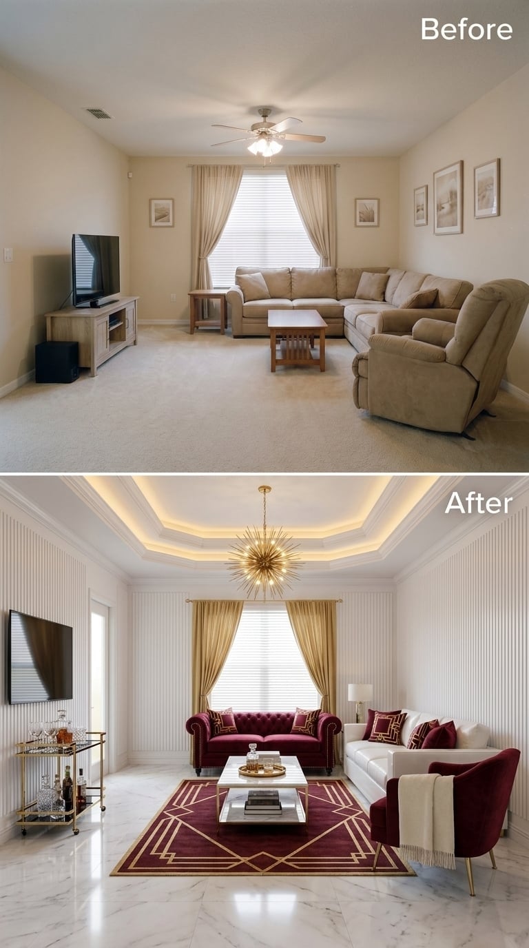 Sputnik Chandelier, Fluted Wall Panels, and Burgundy Velvet That Meant Business
