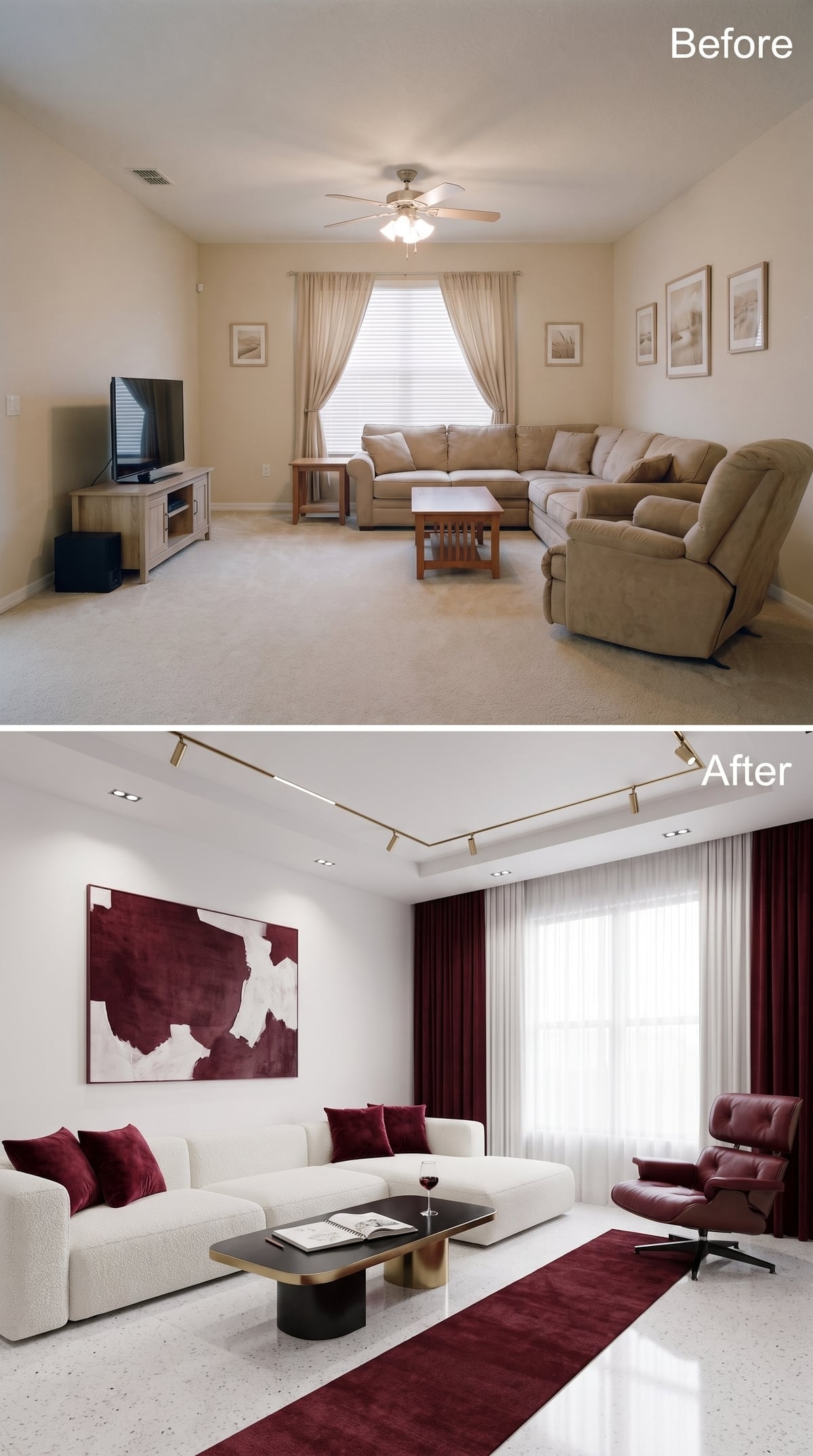 Track Lighting, Terrazzo Floors, and Burgundy Velvet That Held the Room Together
