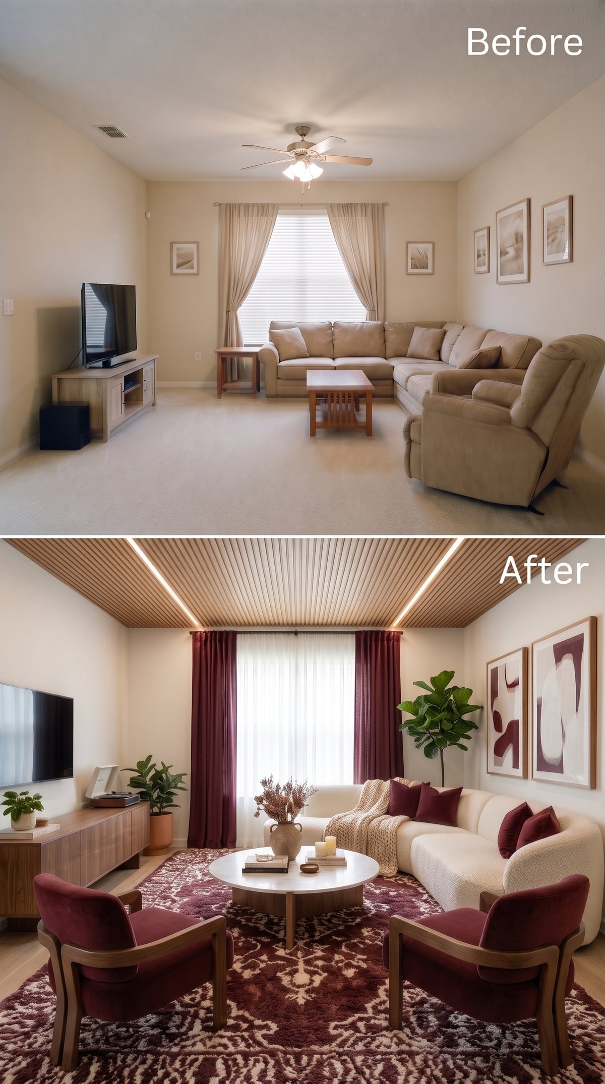 Wood Slat Ceiling, Burgundy Accent Chairs, and a Rug That Actually Does the Heavy Lifting