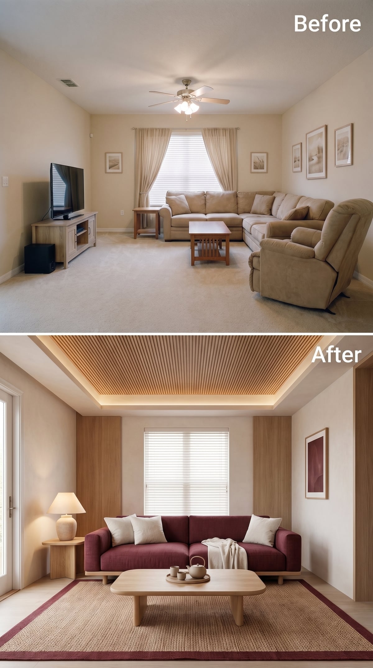 Wood Slat Ceiling, Cove Glow, and Burgundy That Didn't Need to Shout