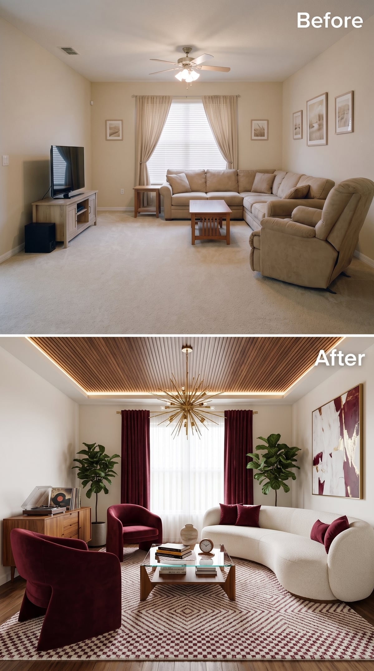 Wood Slat Ceiling, Sputnik Gold, and Burgundy Velvet That Finally Found Its Room