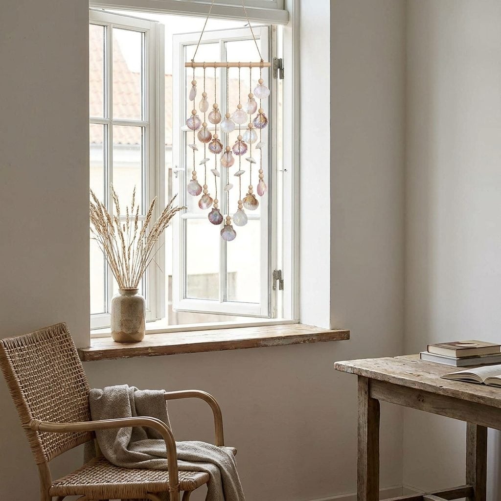 Shell-and-bead hanging moving in a screen-door breeze