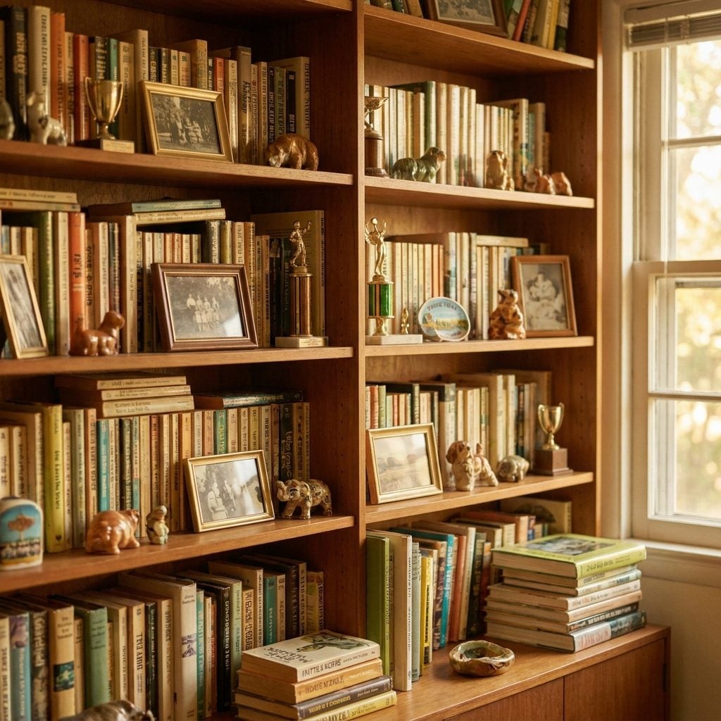 Shelves Filled With Books, Photos, and Family Knickknacks