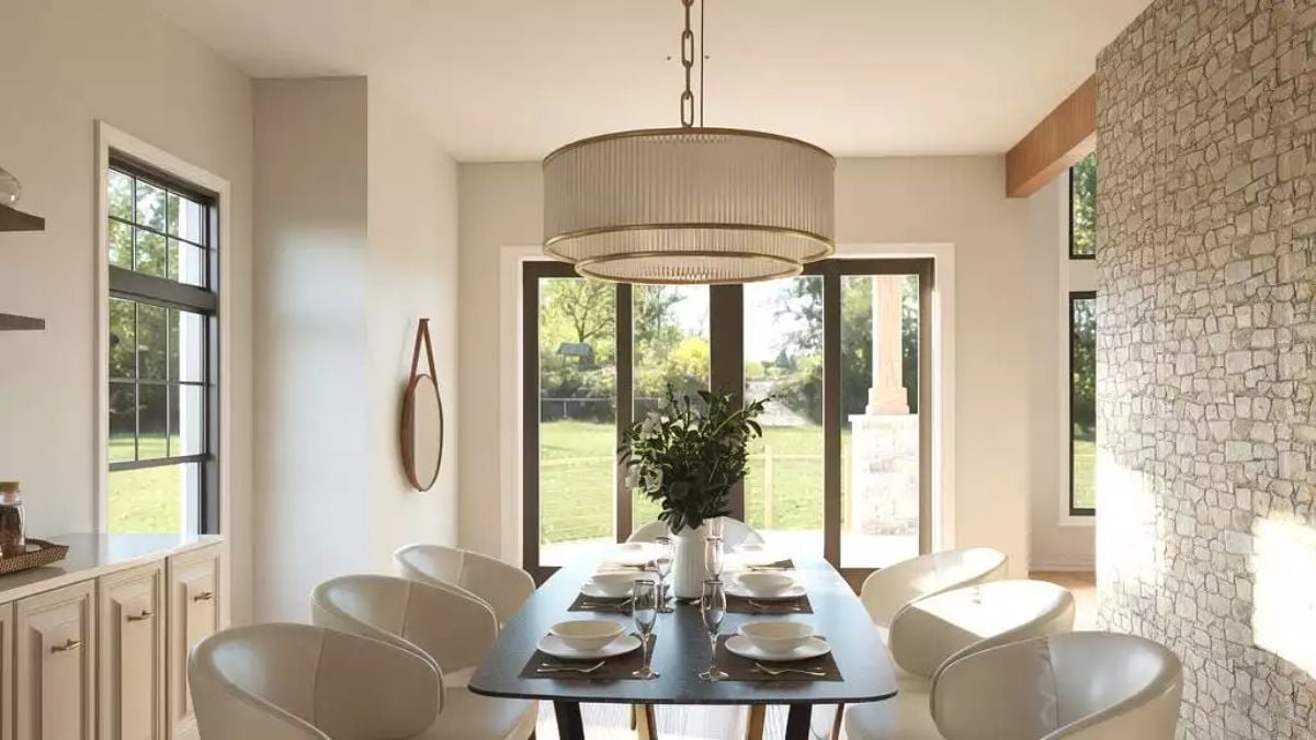 Drum Shade, Dark Table, Stone Wall — Three Decisions That Somehow Agree