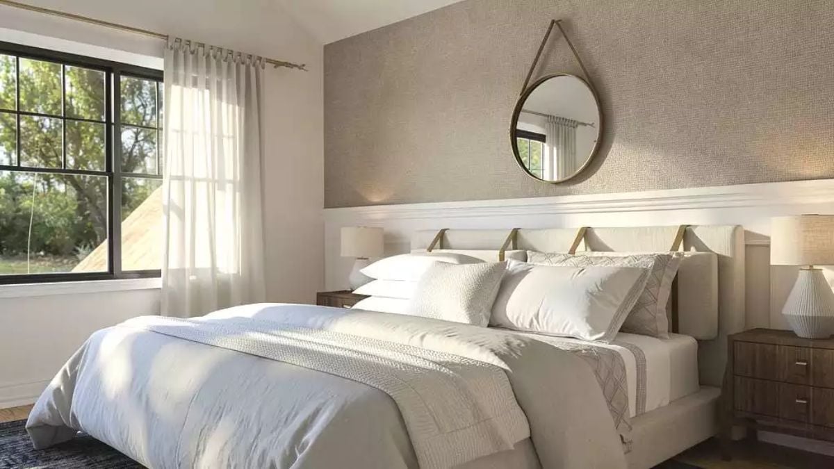 Layered Neutrals and a Round Mirror That Anchor Without Overcrowding