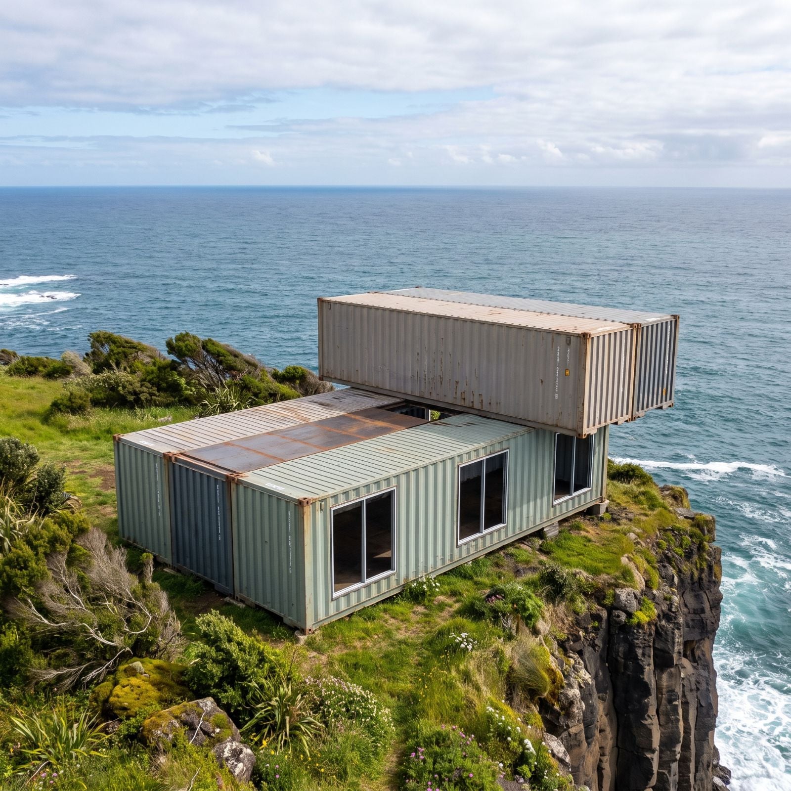 They Stacked 6 Shipping Containers on a Volcanic Cliff to Build Their Escape. AI Created 38 Designs. These Are the Before & After Results.