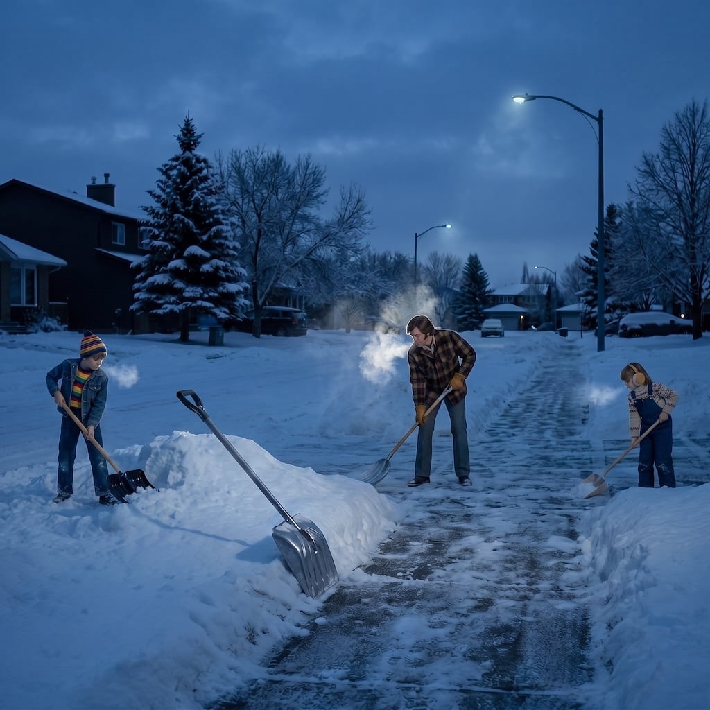 Child shoveling a snowy front walk before school