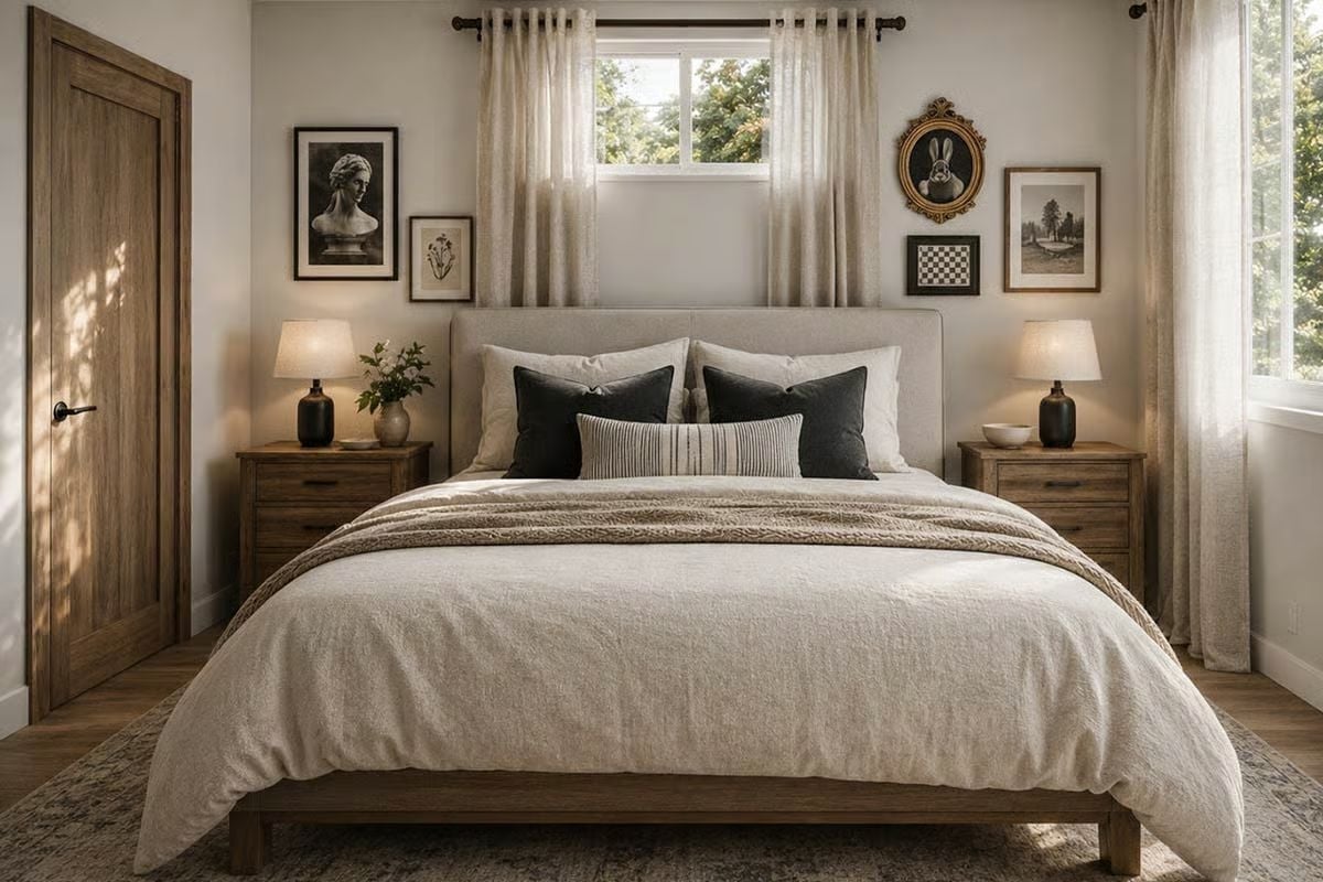 Dark Pillows Against Linen Bedding Earn Their Place Without Competing