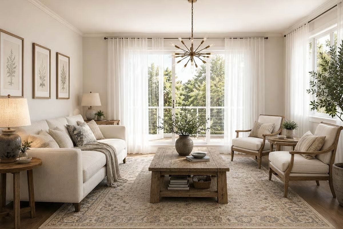Linen Sofas and Bare Wood Find Each Other Without Trying Too Hard