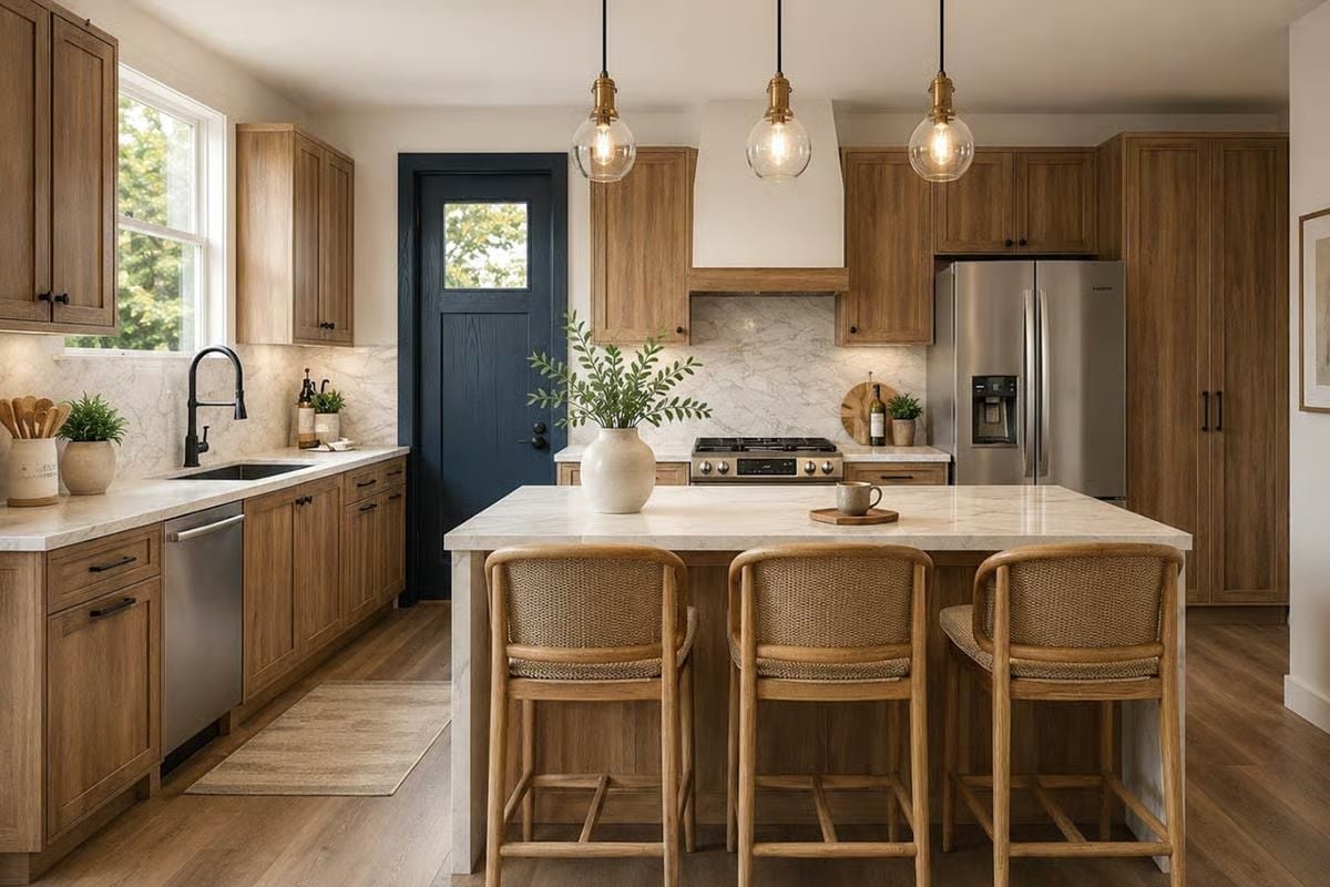 Warm Wood Cabinets and Marble Counters Do the Heavy Lifting Here