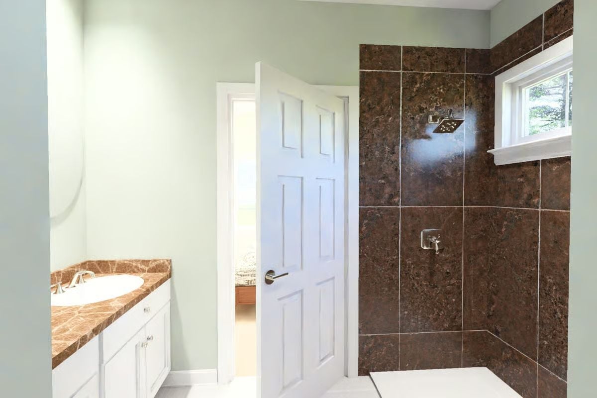 Dark Tile, a Rain Showerhead, and No Glass Door in Sight