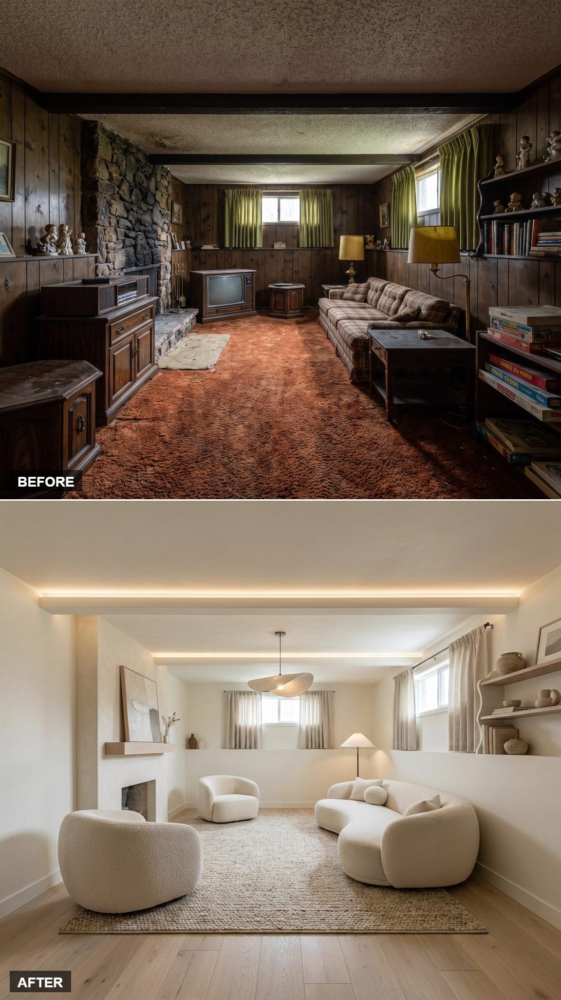 Soft Contemporary Luxury with Curved Boucle, Pale Oak, and a Sculptural Pendant