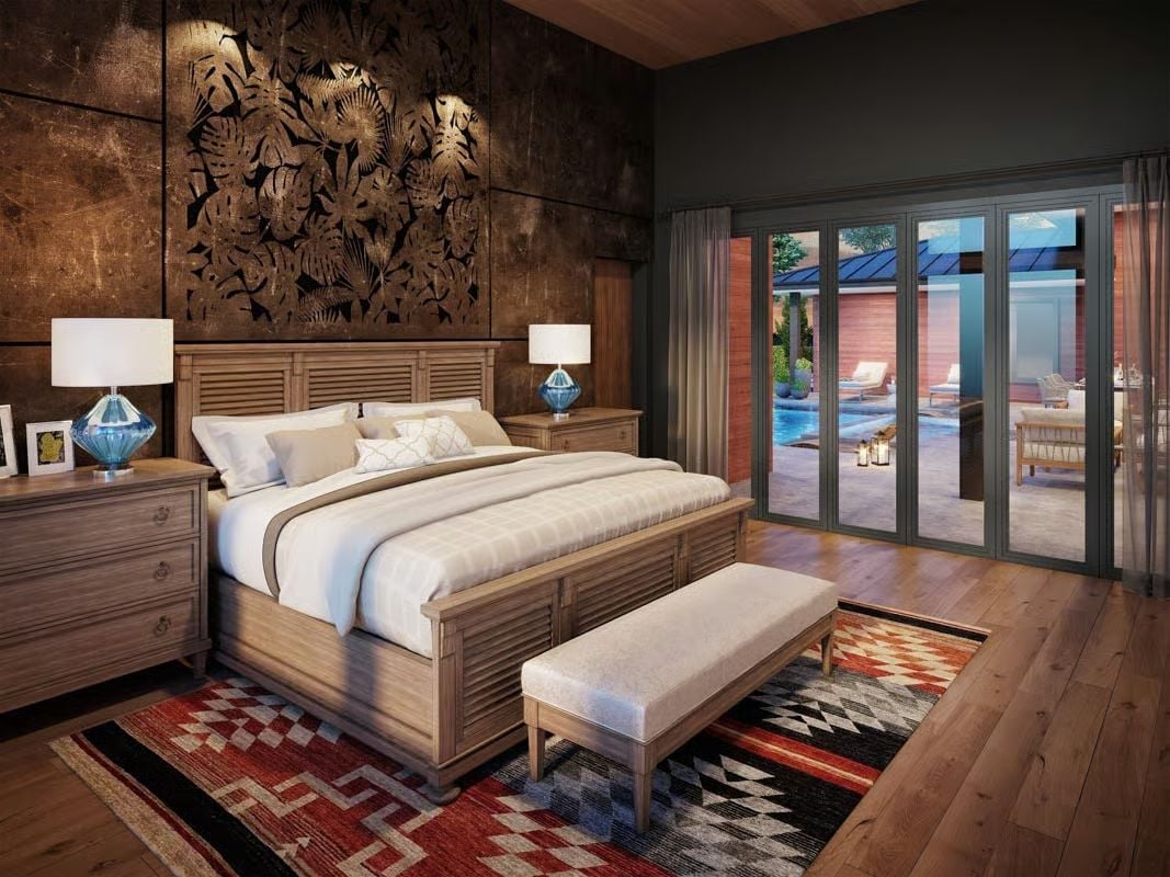 Carved Tropical Panel and Kilim Rug Pull This Bedroom Somewhere Between Bali and the Southwest