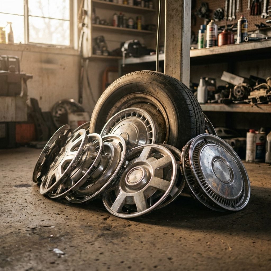 Spare Tires and a Stack of Hubcaps Nobody Could Match to a Car