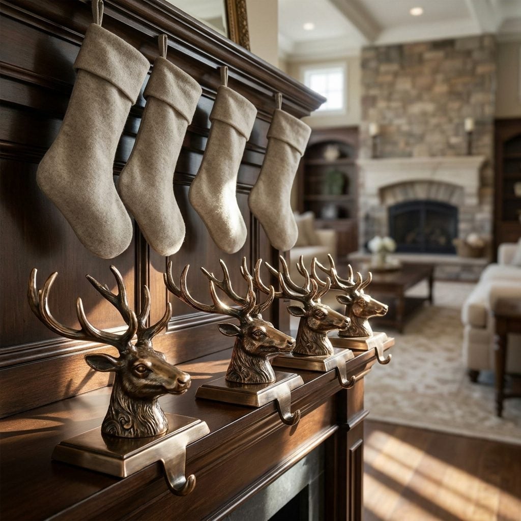 Marble mantel with four large ornate cast-metal stocking holders that stand out more than the plain stockings below.