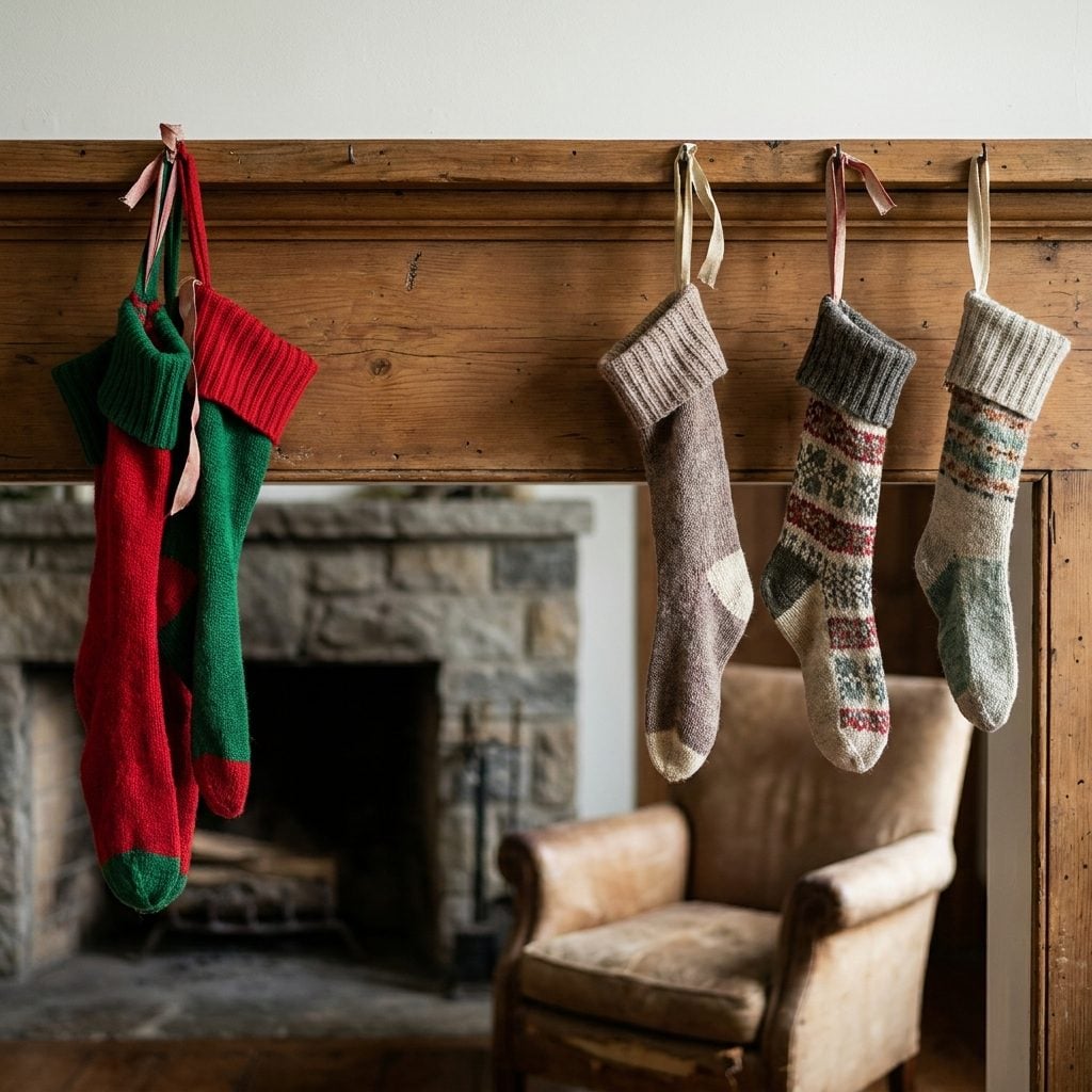 Brick fireplace with four knitted stockings hung at uneven spacing, two bunched left and two spread right.