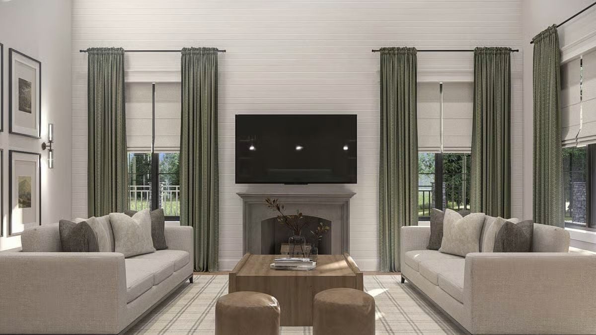 Sage Drapes and a Shiplap Wall Turn a Symmetrical Room Into Something You Actually Want to Sit In