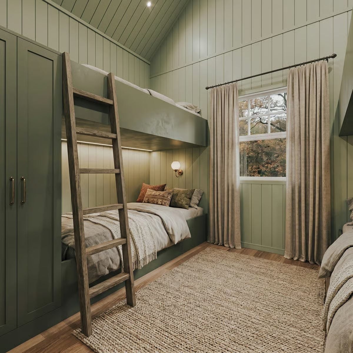 Sage Green Shiplap and Built-In Bunks Give This Cottage Bedroom a Camp-Worthy Charm