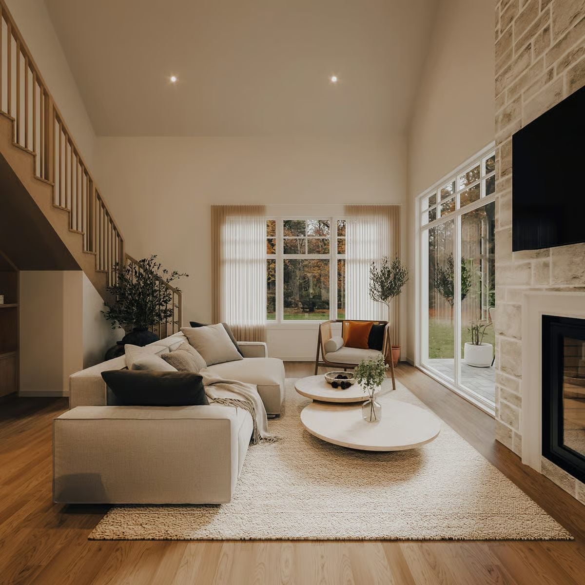 Vaulted Ceilings and a Stone Fireplace Wall Make the Case for Staying In