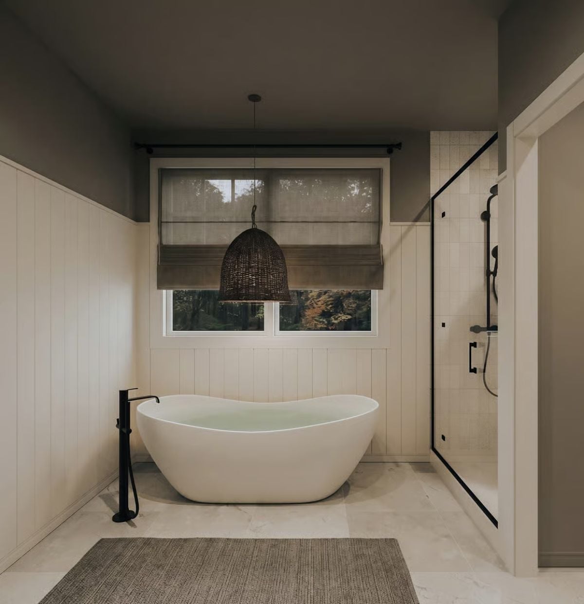 Wicker Pendant and Freestanding Tub Turn a Simple Bathroom Into Something Worth Staying In