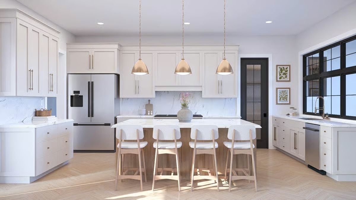 Brass Pendants and a Wood Island Base That Earns Its Keep