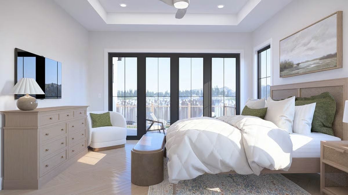 Cane Headboard, Tray Ceiling, and French Doors That Pull Their Weight