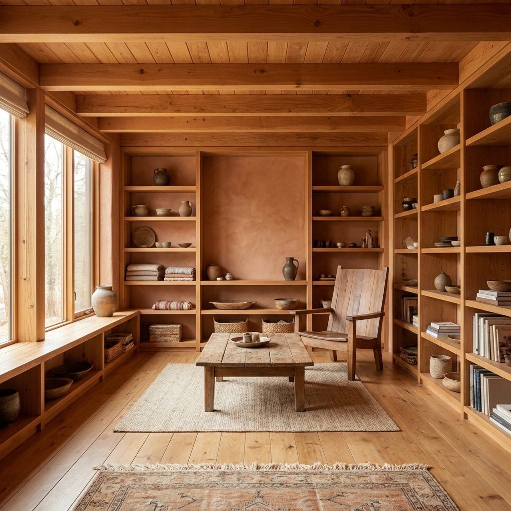 Large open-plan room with warm oak wood throughout and walls painted saturated burnt terracotta-orange.