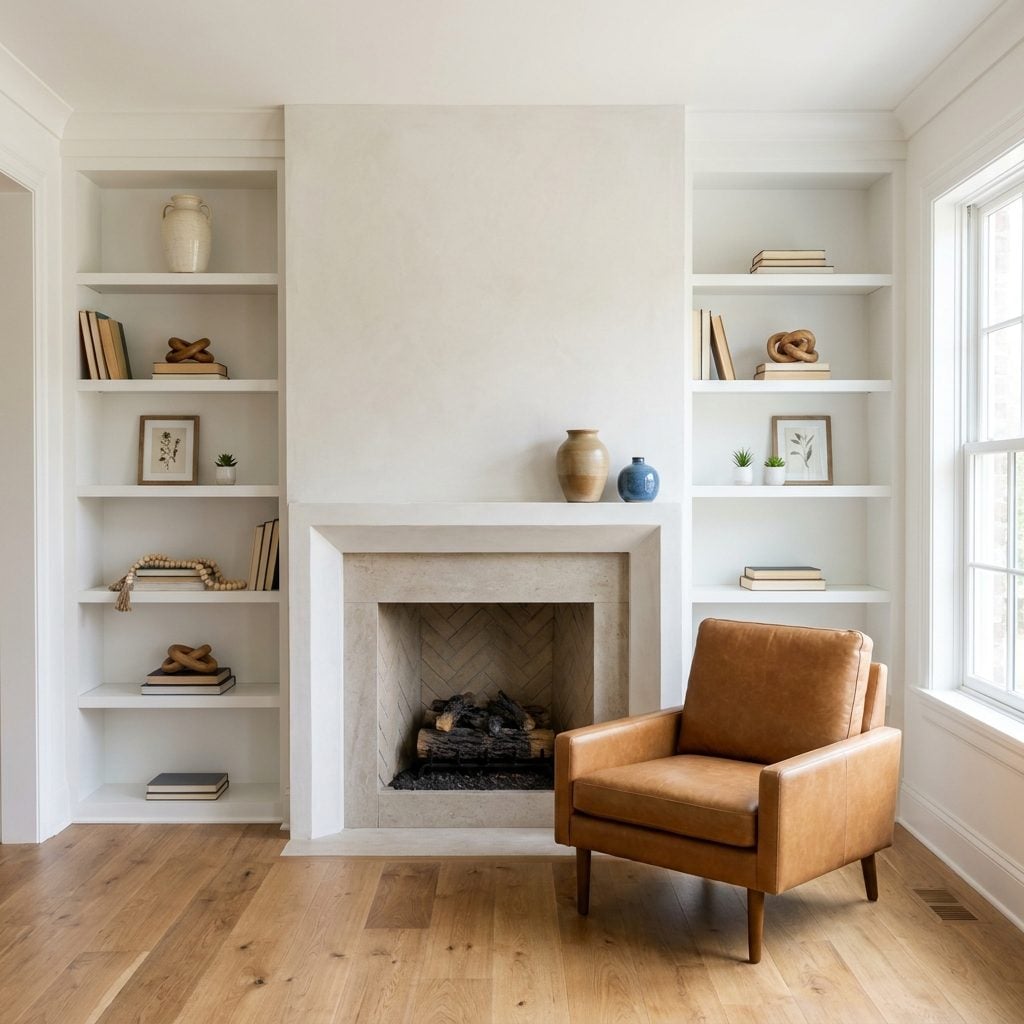 White built-in bookshelves styled with about a dozen books and many decorative vases, knots, and objects.
