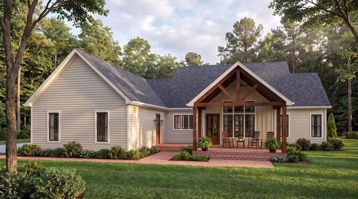 Exposed Timber Gable and Rocking Chairs Signal What Kind of Porch This Really Is