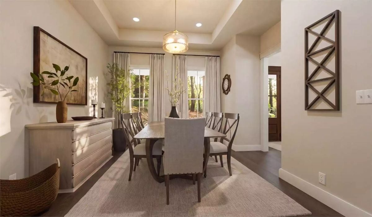 Tray Ceiling and Warm Neutrals Give This Dining Room Its Quiet Authority