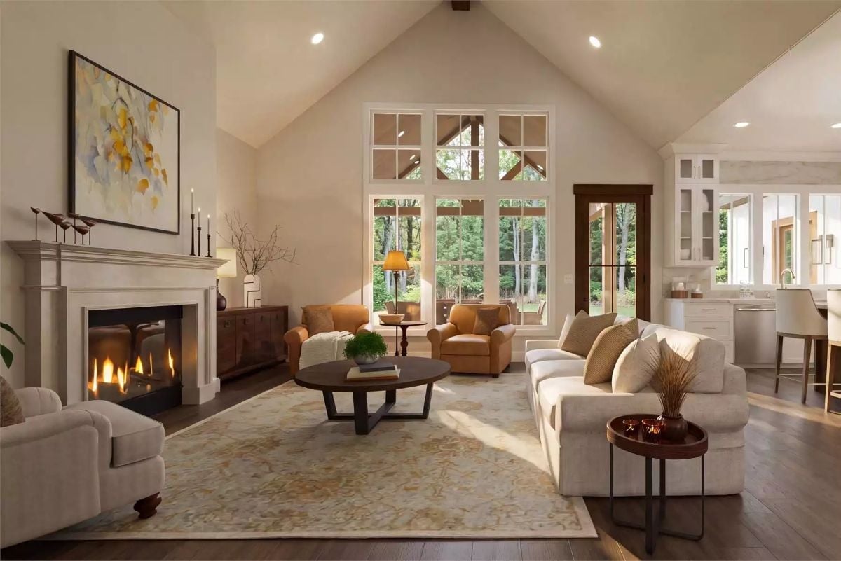 Vaulted Ceilings and a Wood-Burning Fireplace Pull the Whole Room Together