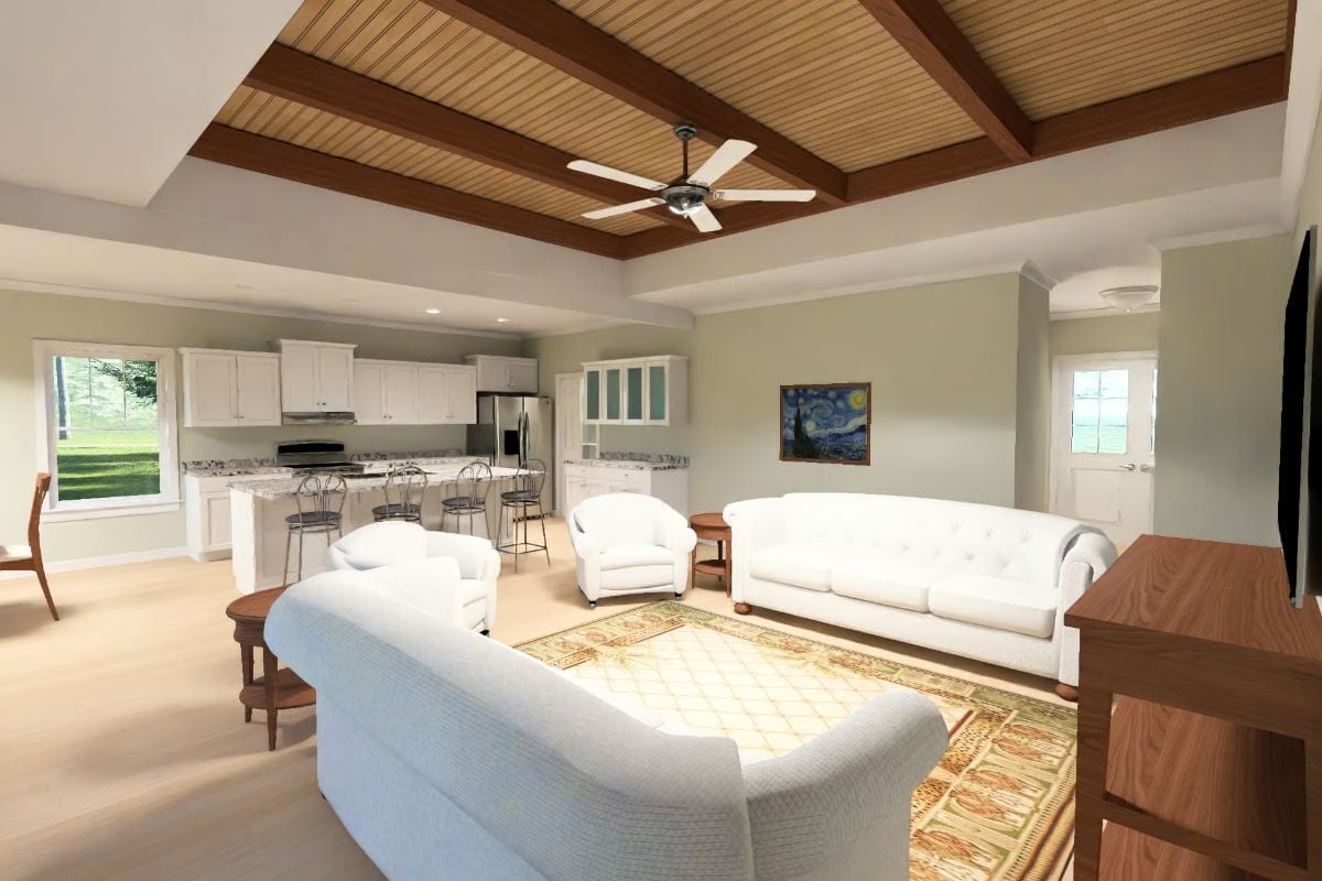 Beadboard Ceiling Panels and White Tufted Sofas in an Open-Concept Great Room