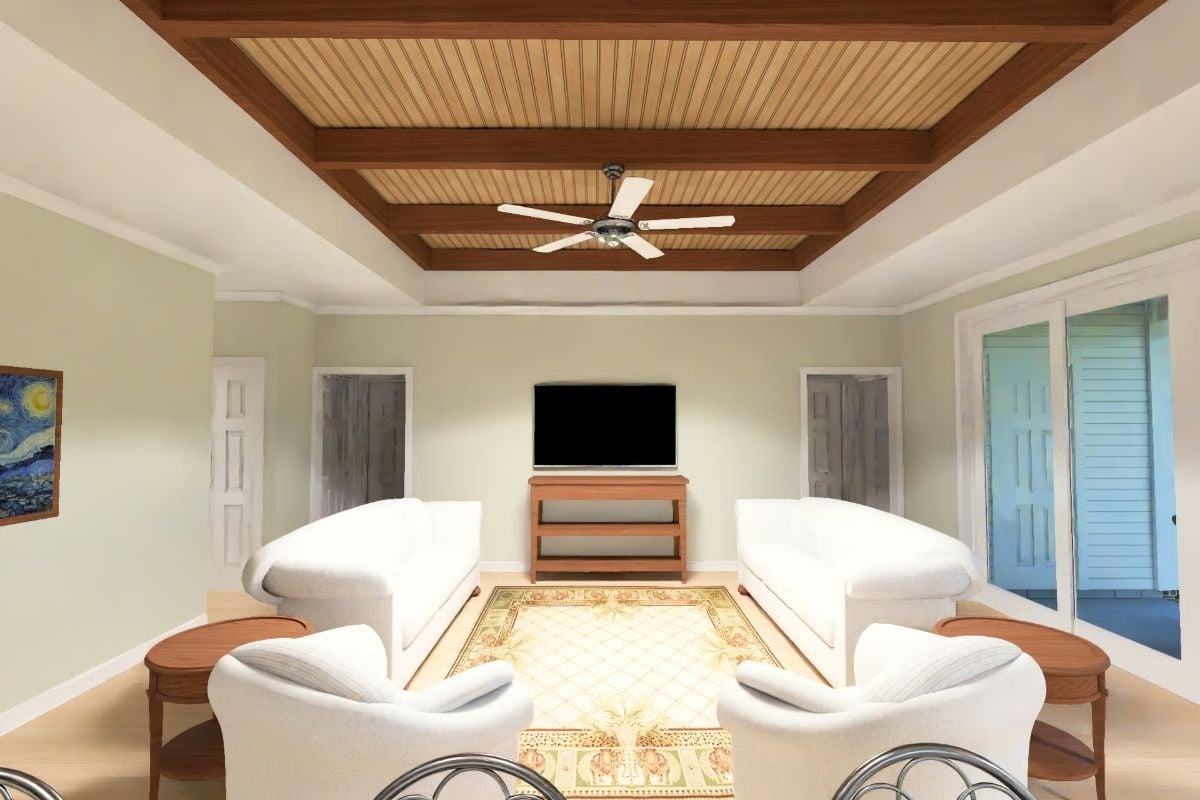 Coffered Wood Ceiling and Four White Armchairs Arranged for Actual Conversation