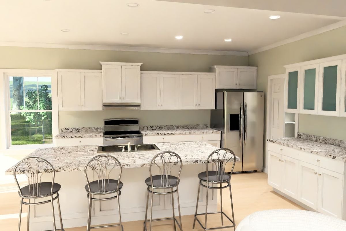 Granite Island with Four Barstools and a Sink Positioned Where You'd Actually Want It