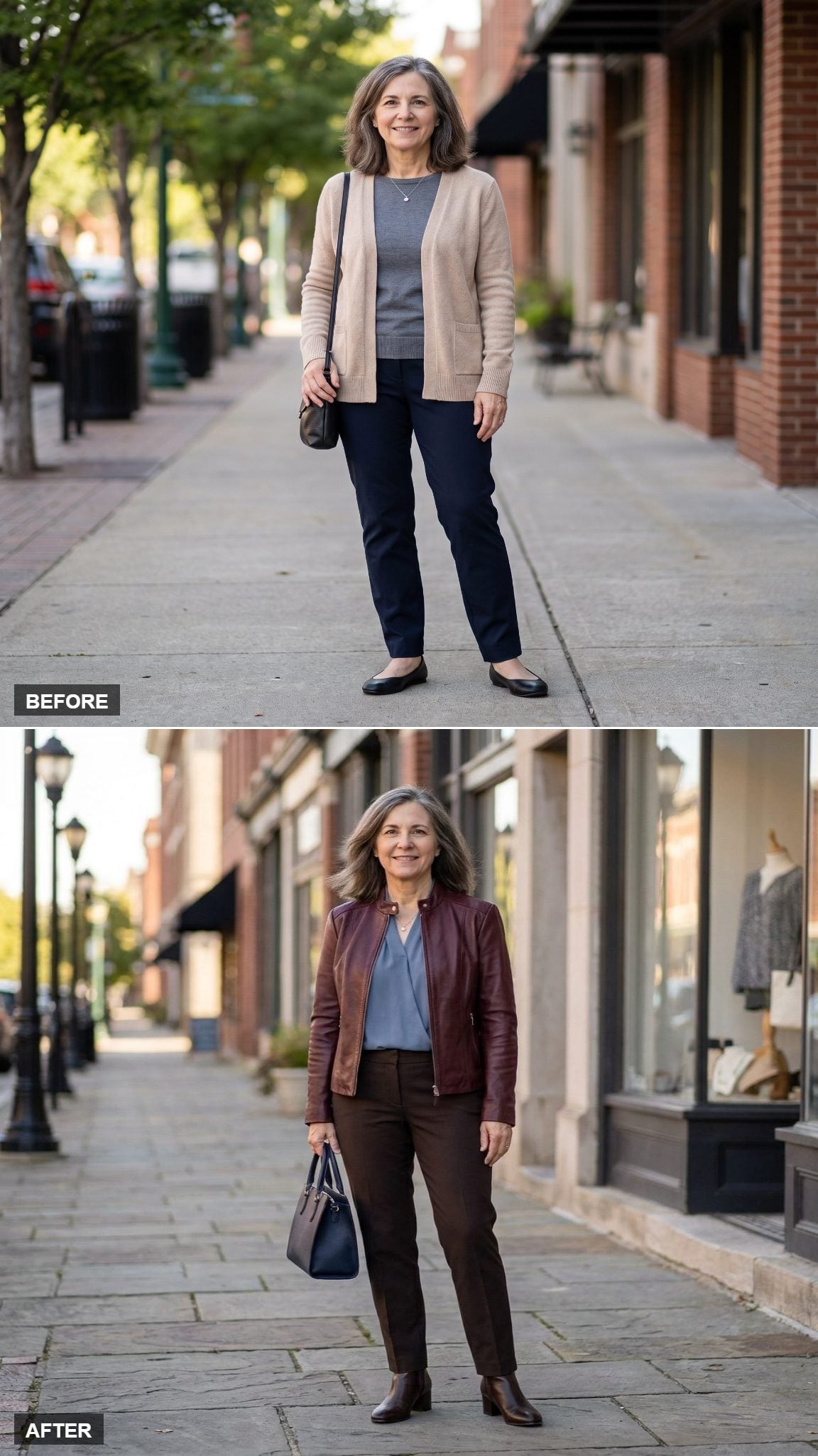 Supple Burgundy Leather Jacket Over Dusty Blue on a Historic Downtown Sidewalk