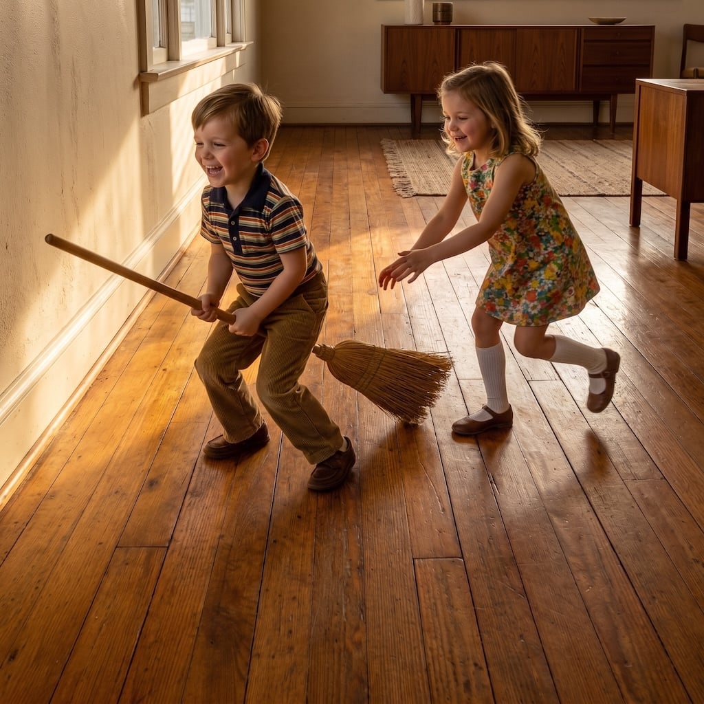 A child sweeping a hardwood floor before it is waxed