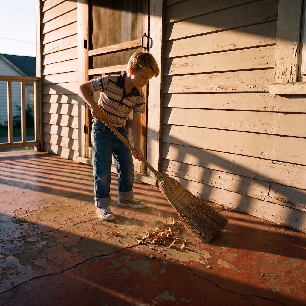 A child sweeping leaves and dirt from the front porch