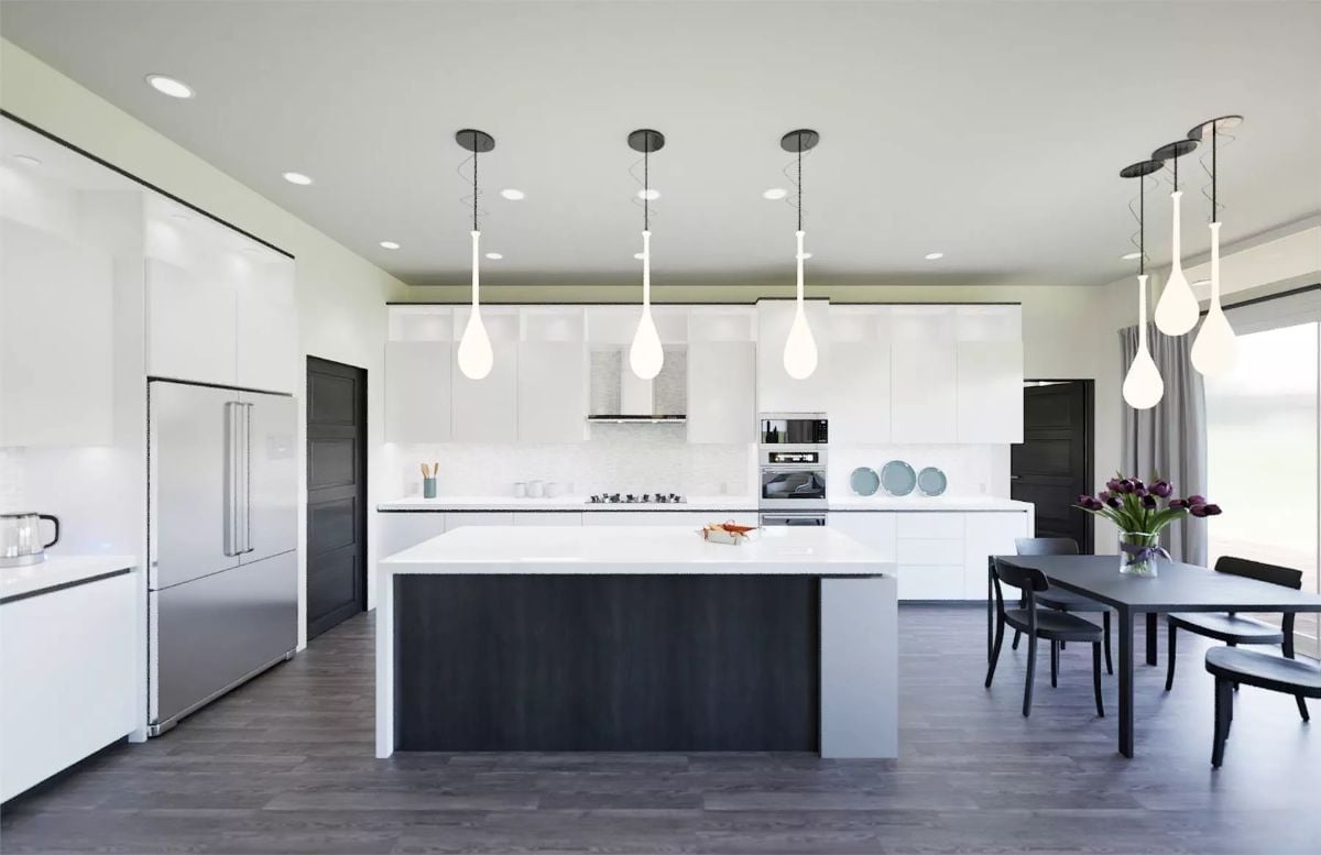 Drop Pendants, White Lacquer, and a Kitchen Island That Earns Its Square Footage