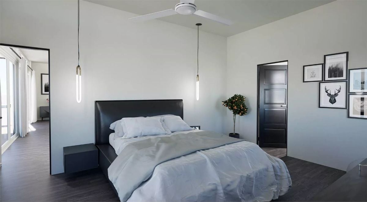Pendant Tubes, Black Leather Headboard, and a Ceiling Fan That Actually Does Its Job