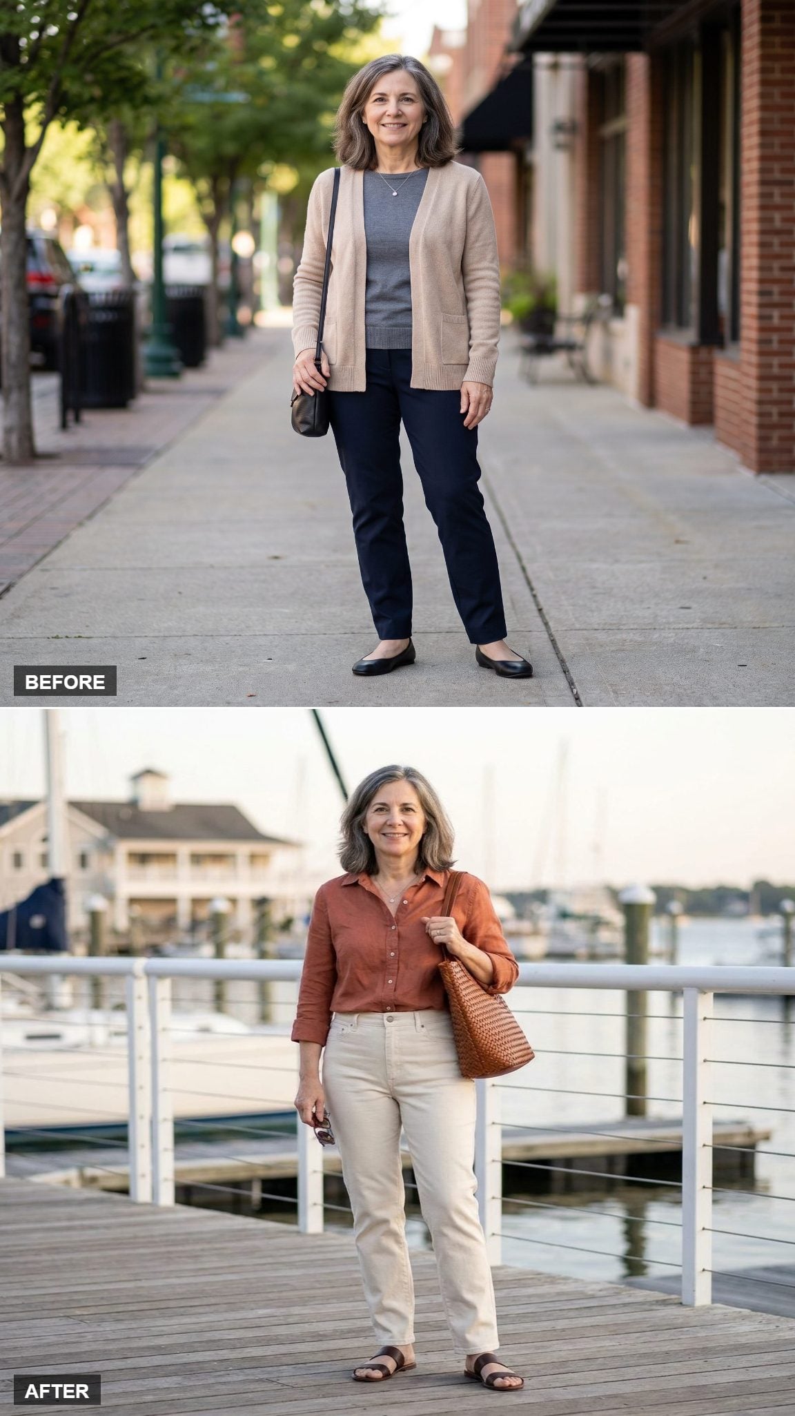 Terracotta Linen and Cream Trousers on the Marina Promenade