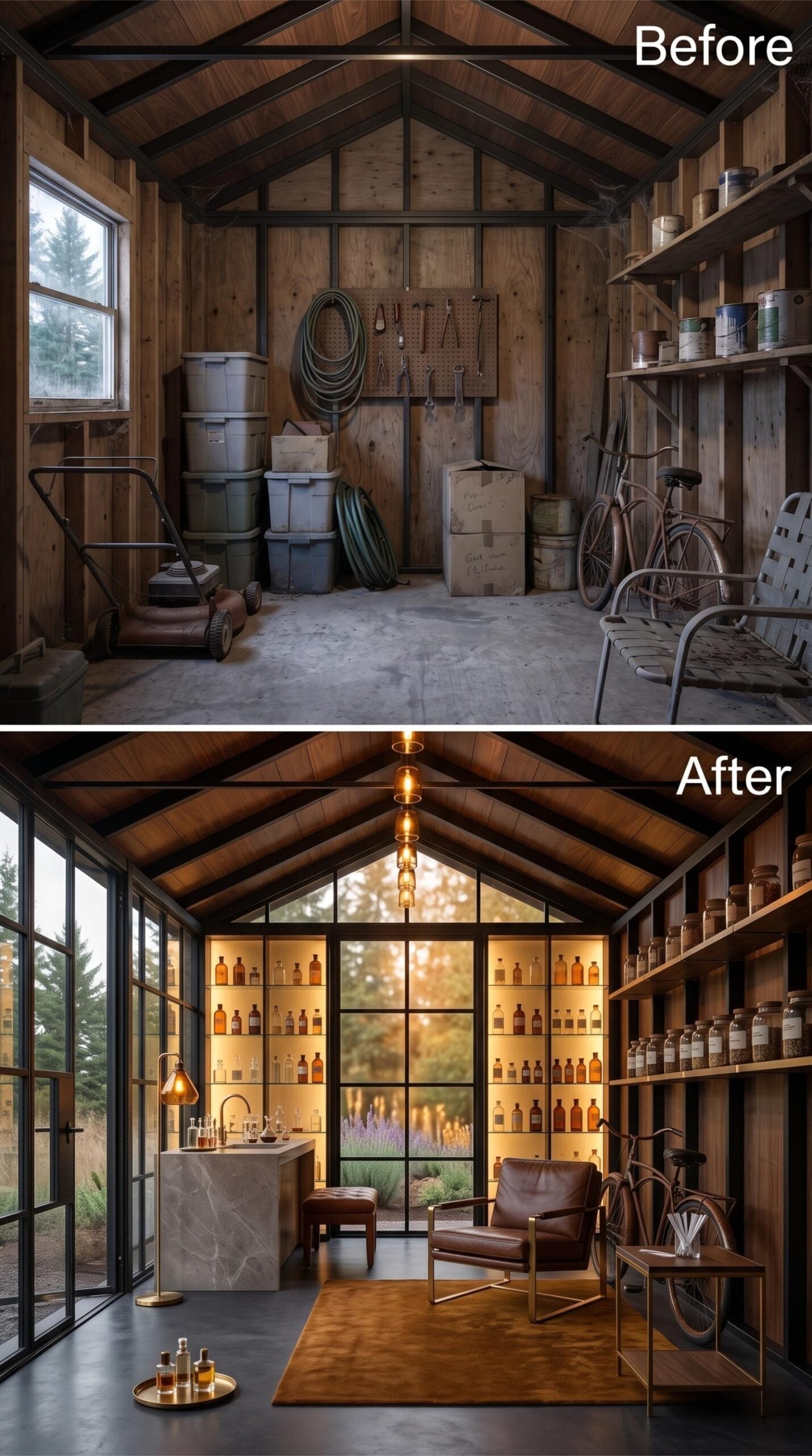 Bourbon Library, Backlit Shelves, and Steel Grid Windows in a Backyard Shell
