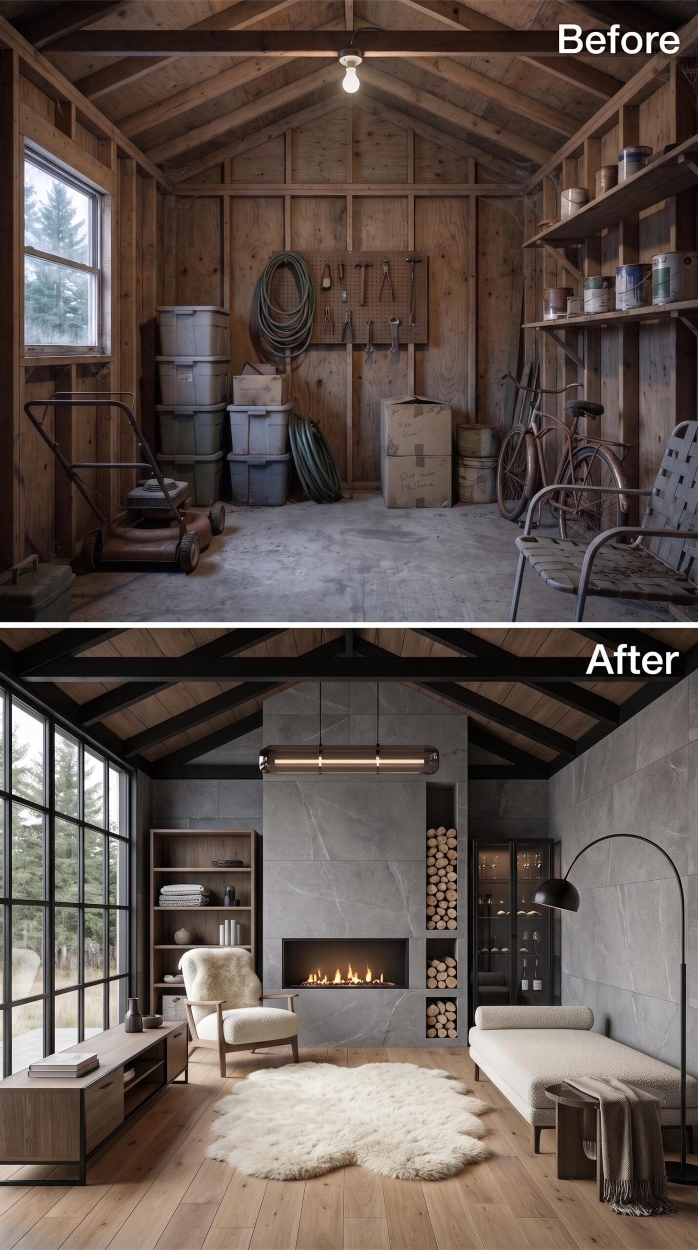 Concrete Fireplace, Sheepskin Rug, and a Vaulted Ceiling Made for Alpine Lodge Living