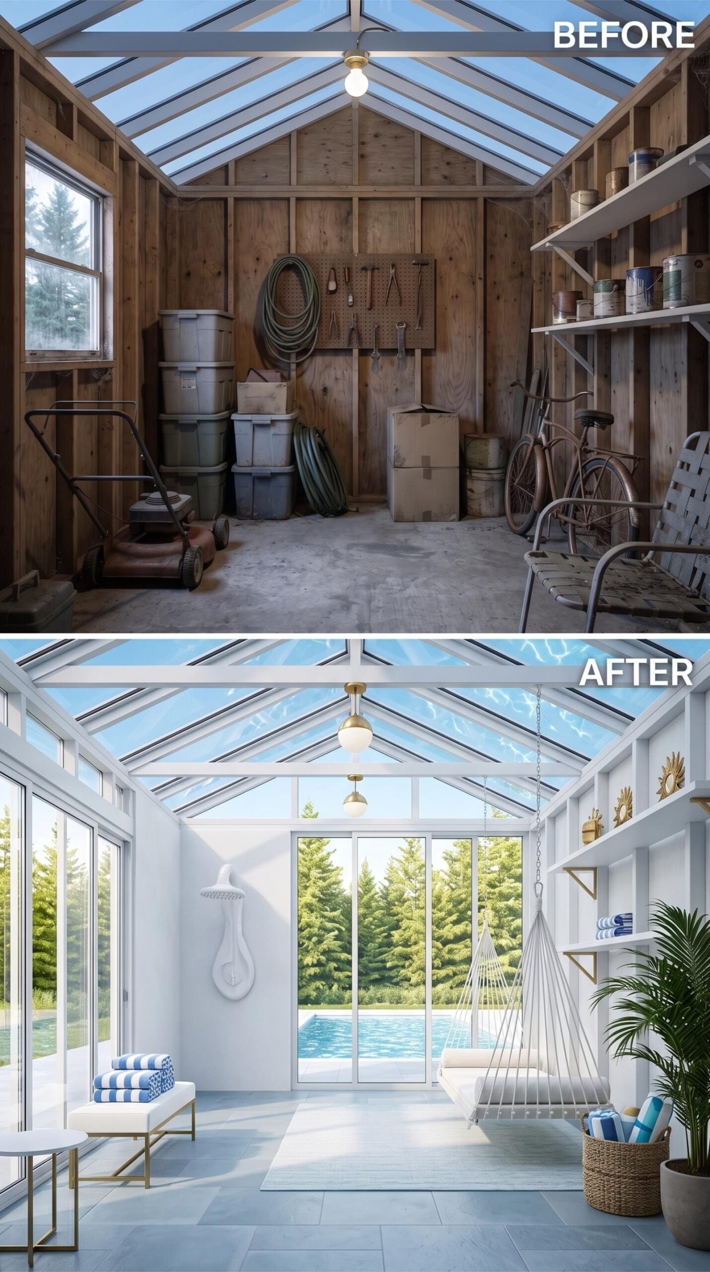Pool House Glow-Up: White Steel, Brass Pendants, and a Hammock Chair With Room to Breathe