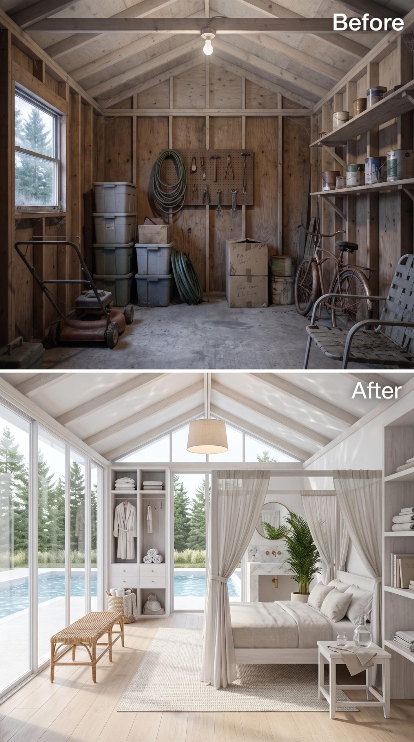 Pool House Vibes, Vaulted Ceiling: A Shed Becomes the Changing Cabana